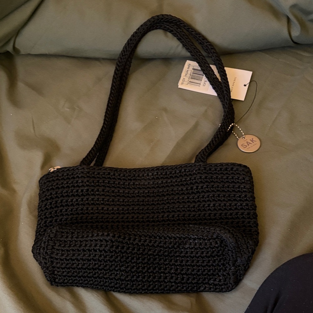 The Sak Black Crochet Shoulder Bag with Purple Sequin Flower Patch - Picture 4 of 4